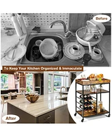 3-Tier Wood Rolling Kitchen Serving Cart with 9-Bottle Wine Rack for Convenient Storage and Serving