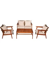 4 Pieces Acacia Wood Patio Rattan Furniture Set with Zippered Cushions