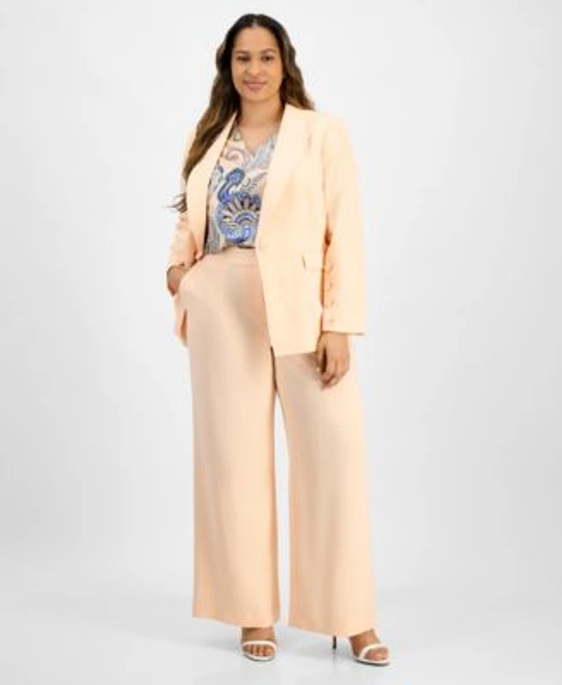 Tahari Asl Plus Size Single Button Crepe Blazer Paisley Blouse Wide Leg Pants