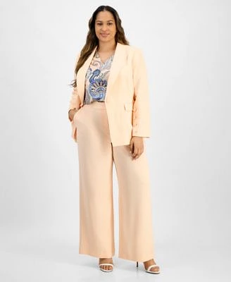 Tahari Asl Plus Size Single Button Crepe Blazer Paisley Blouse Wide Leg Pants