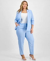 Tahari Asl Plus Size Pinstriped Ruched Sleeve Blazer Classic Mid Rise Ankle Pants