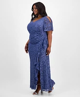 Alex Evenings Plus V-Neck Ruffle-Trim-Slit Sequin Dress