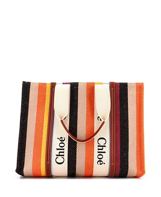 Pre-Owned Chloe Large Woody Tote Striped Linen