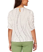 Democracy Petite Printed Ruched-Sleeve Scoop-Neck Top