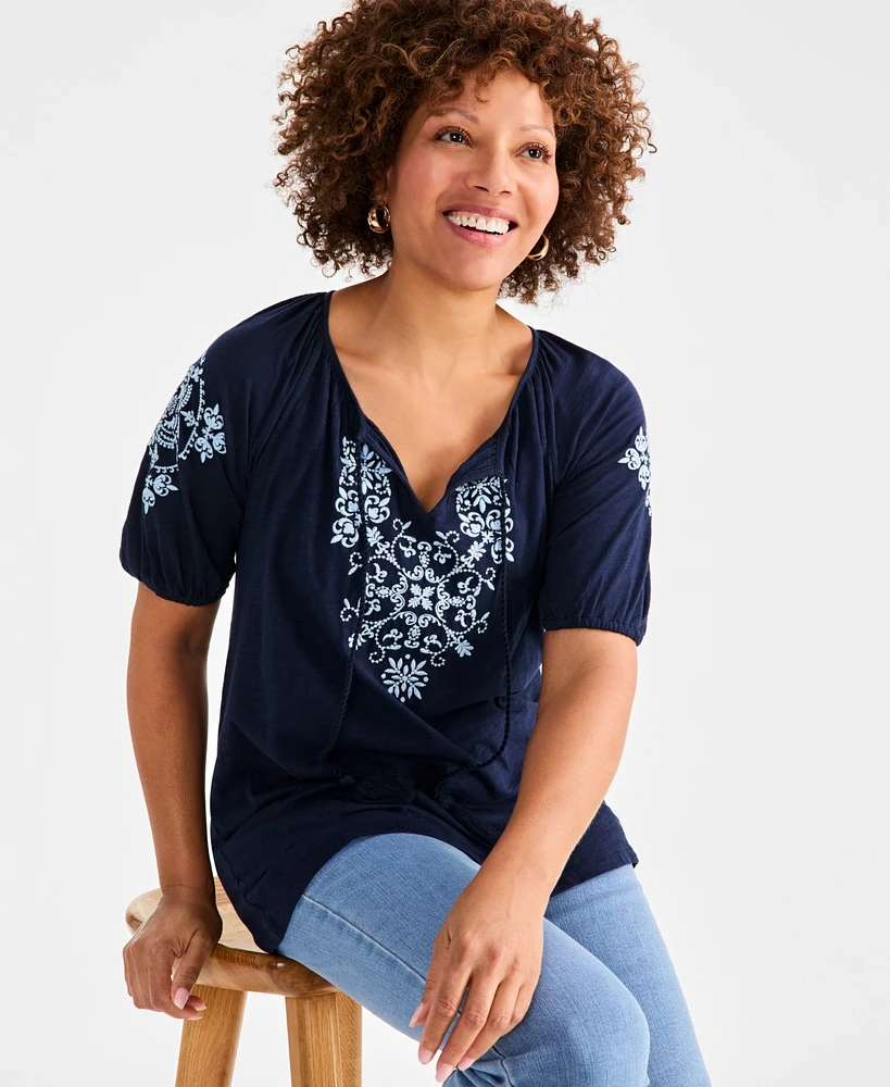 Style & Co Women's Embroidered Split-Neck Tasseled-Tie Top, Exclusively at Macy's