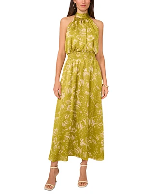 Vince Camuto Women's Printed Satin Halter Smocked-Waist Maxi Dress