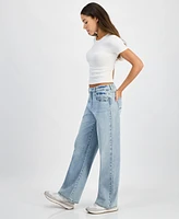 Indigo Rein Juniors' High-Rise Embroidered Wide-Leg Jeans