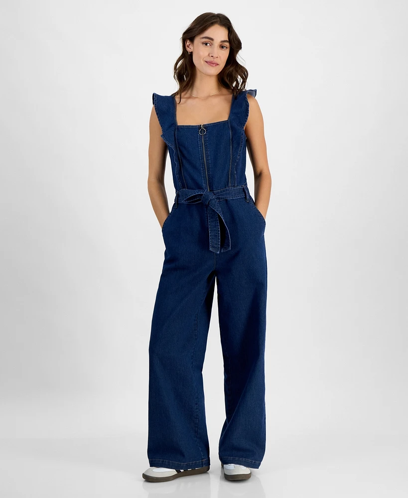 Tinseltown Juniors' Square-Neck Ruffle-Strap Wide-Leg Jumpsuit
