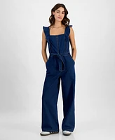 Tinseltown Juniors' Square-Neck Ruffle-Strap Wide-Leg Jumpsuit