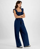 Tinseltown Juniors' Square-Neck Ruffle-Strap Wide-Leg Jumpsuit