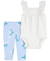 Carter's Baby Girls Cotton Eyelet-Flutter-Sleeve Bodysuit & Floral-Print Pants, 2 Piece Set