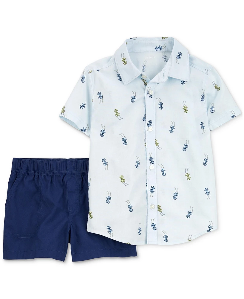 Carter's Baby Boys Cotton Race Car-Print Button-Down Shirt & Shorts, 2 Piece Set