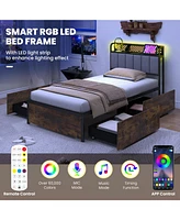 Bed Frame with Led Lights Upholstered Headboard and 4 Storage Drawers