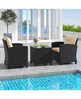 Gymax 3 Pcs Patio Furniture Set w/Tempered Glass Coffee Table Washable Cushions