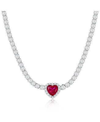 Sterling Silver, Ruby Heart Cz Tennis Necklace