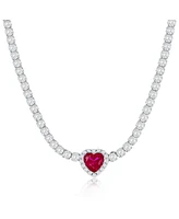 Sterling Silver, Ruby Heart Cz Tennis Necklace