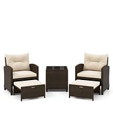 5 Pieces Patio Rattan Furniture with 2 Ottomans and Tempered Glass Coffee Table