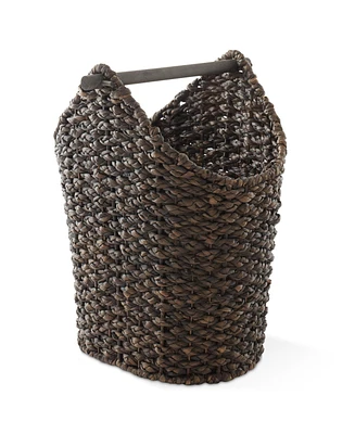 Casafield Toilet Paper Roll Holder Storage Basket with Wood Bar - Natural, Woven Water Hyacinth Wicker Bathroom Tissue Organizer