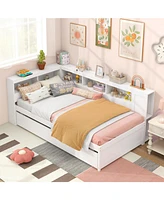 Daybed Platform Bed Frame with Trundle and Bedside Shelves