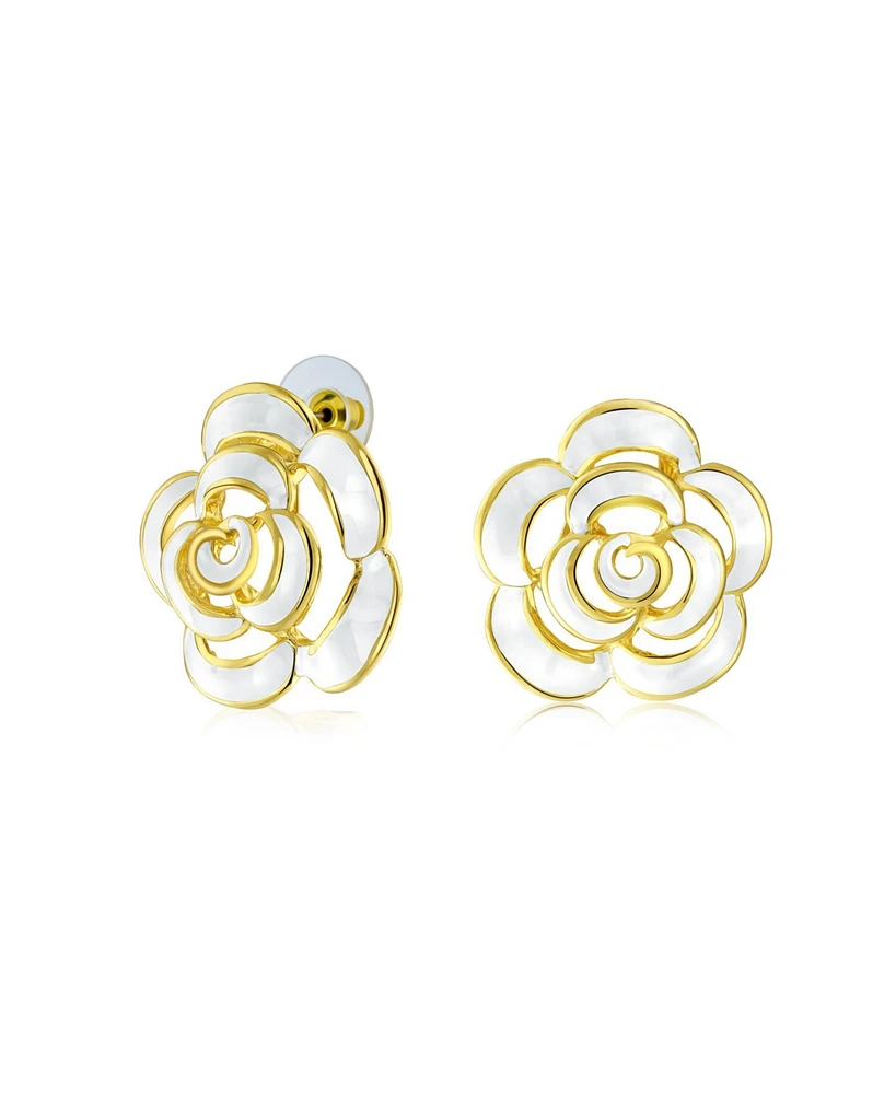 Bling Jewelry 3D White Rose Flower Stud Earrings in 14K Gold, Button Style Fashion Jewelry