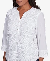 Alfred Dunner Women's Nantucket Lace Scroll Solid Henley Top