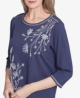 Alfred Dunner Women's Nantucket Asymmetric Floral Embroidered Crew Neck Top