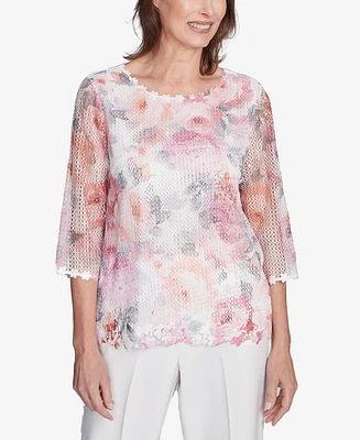 Alfred Dunner Women's Estate of Mind Floral Mesh Watercolor Top