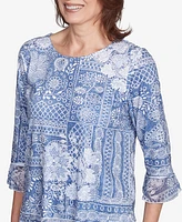 Alfred Dunner Women's Flower Power Lacey Floral Patchwork Crew Neck Top