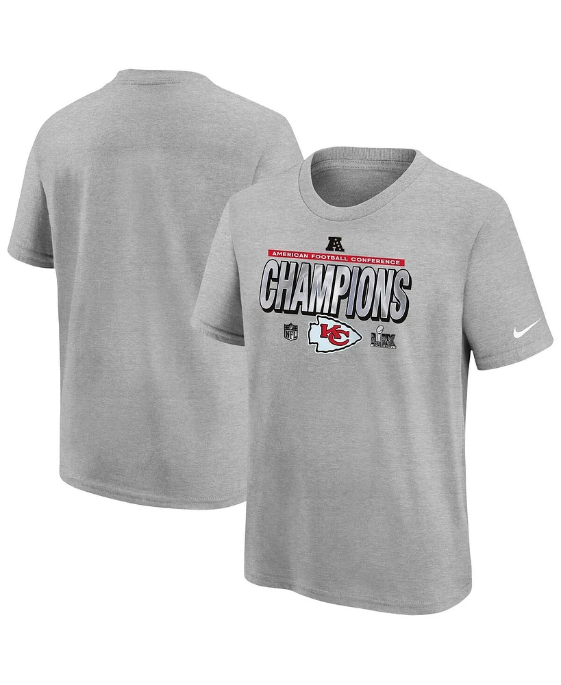 Nike Big Boys and Girls Heather Gray Kansas City Chiefs 2024 Afc Champions Locker Room Trophy Collection T-Shirt