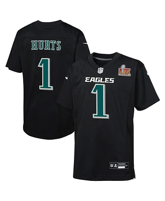 Nike Big Boys and Girls Jalen Hurts Carbon Black Philadelphia Eagles Super Bowl Lix Patch Fashion Game Player Jersey