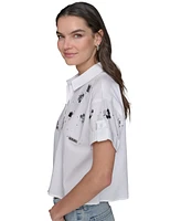 Karl Lagerfeld Paris Women's Embellished Cropped Button-Down Shirt