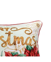 Merry Christmas Poinsettia Printed and Embroidered Throw Pillow