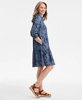 Style & Co Women's Floral Chambray 3/4-Sleeve Tiered Dress, Exclusively at Macy's