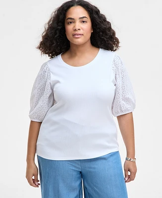 On 34th Trendy Plus Eyelet-Sleeve Rib-Knit Top, Exclusively at Macy's