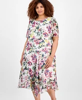 Connected Plus Printed Flutter-Sleeve Chiffon Dress