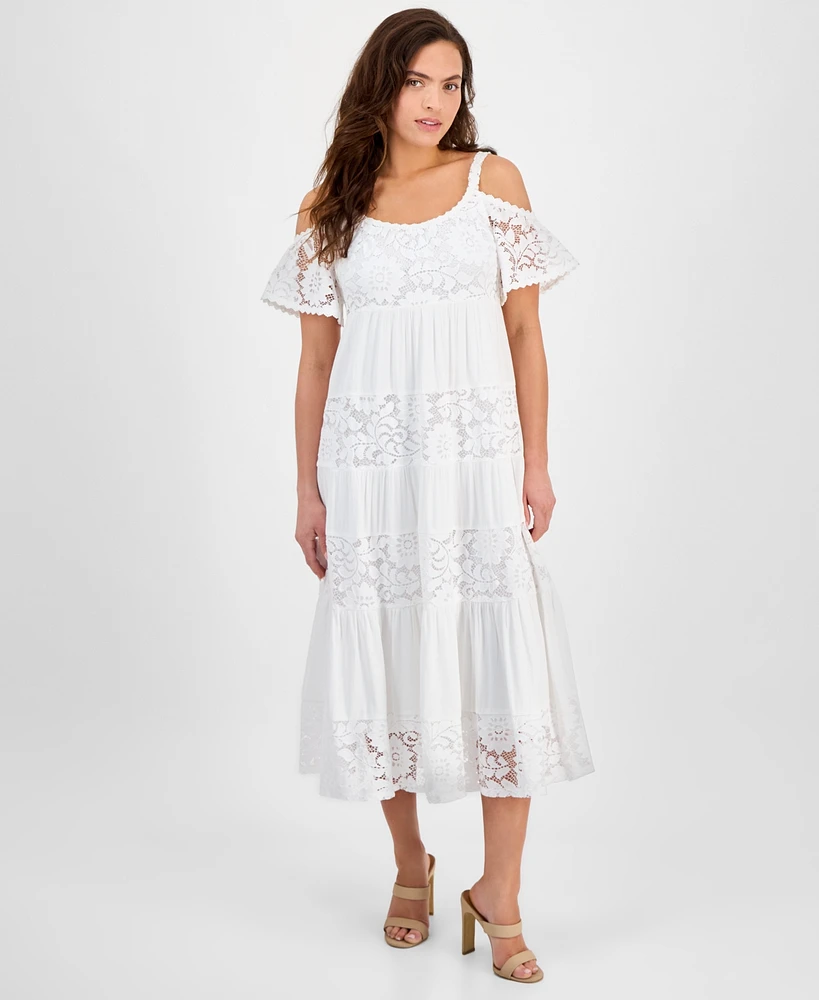 Robbie Bee Petite Lace Cold-Shoulder Flutter-Sleeve Dress