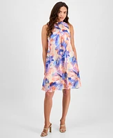 Robbie Bee Petite Printed Mock-Neck Sleeveless Trapeze Dress