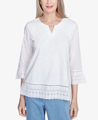 Alfred Dunner Petite Flower Power Floral Embroidered Eyelet Trim Top