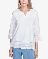 Alfred Dunner Petite Flower Power Floral Embroidered Eyelet Trim Top