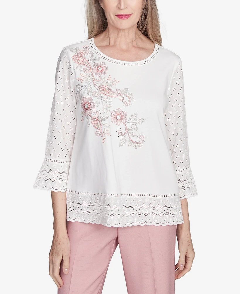 Alfred Dunner Petite Estate of Mind Embroidered Floral Eyelet Trim Top