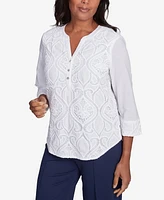 Alfred Dunner Petite Nantucket Lace Scroll Solid Henley Top