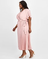 Sandra Darren Plus Pleated Tie-Waist Flutter-Sleeve Dress