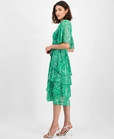 Sandra Darren Petite Printed Chiffon Tie-Waist Flutter-Sleeve Dress