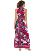 London Times Women's V-Neck Border Jersey Maxi Dress