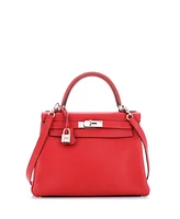 Pre-Owned HERMES Kelly 28 Handbag Red Clemence with Palladium Hardware