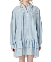 English Factory Women's Striped Blouson-Sleeve Drop-Waist Shirtdress