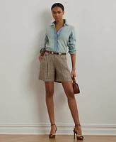 Lauren Ralph Petite 100% Linen Glen Check Pleated Twill Shorts