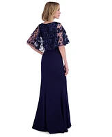 Eliza J Women's Embroidered Cape Overlay Scuba Gown