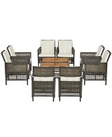 5 Pieces Patio Rattan Furniture Set Cushioned Sofa Armrest Wooden Tabletop