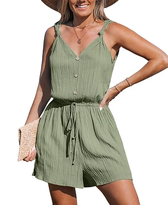 Women's Olive Green V-Neck Button Front Romper